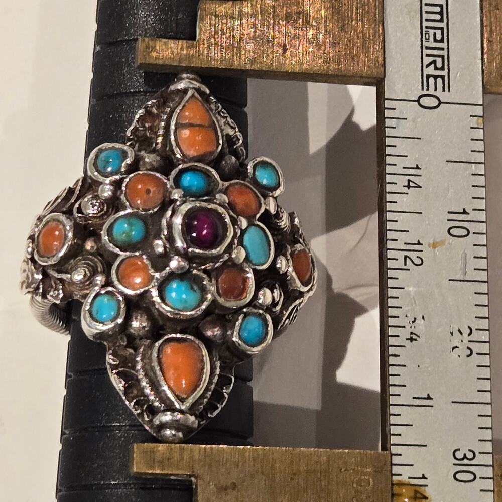 Vintage 70's 80's Boho Eclectic Global Tribal Multi-Color Shield Silver Ring, 7 - Picture 12 of 12